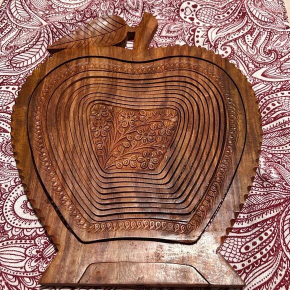 Vtg Wood Collapsible Apple Basket Folding Fruit Bowl Rustic Trivet Kitchen Decor - Picture 2 of 6